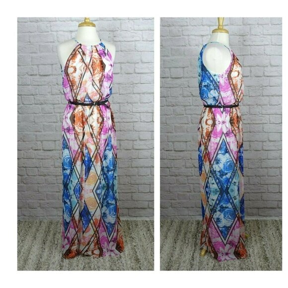 NWT LILY ROSE Dress Maxi Halter Long Floral Belted S - Picture 3 of 12